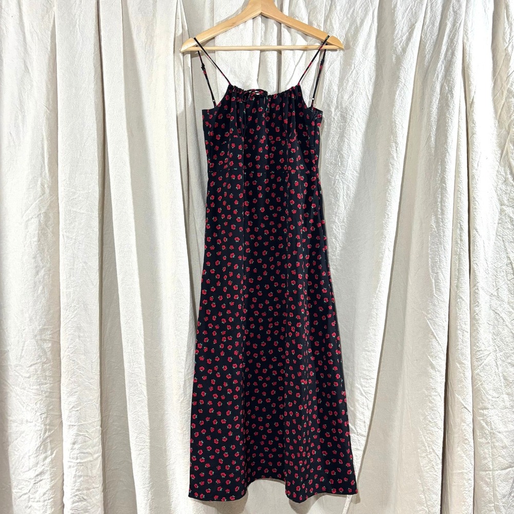 Y2K Floral Rose Print Midi Dress Black Red Spaghetti Strap Smocked Back Size S